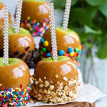 Silver Candy Apple Sticks, 26Pcs Bling Caramel Apple Wooden Pointed Skewers, Fruit Treats Cake Pop Decorative Sticks with Glass Bag Glitter Ribbons Tie for Party Supplies