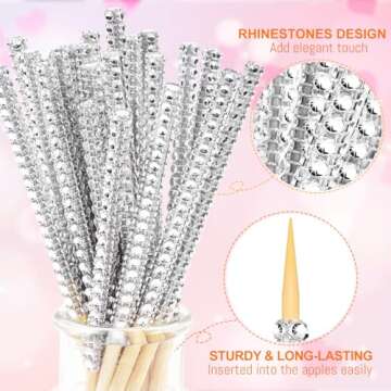Silver Candy Apple Sticks, 26Pcs Bling Caramel Apple Wooden Pointed Skewers, Fruit Treats Cake Pop Decorative Sticks with Glass Bag Glitter Ribbons Tie for Party Supplies