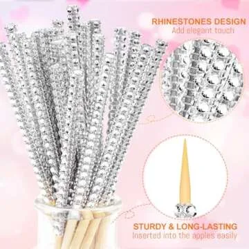 Silver Candy Apple Sticks, 26Pcs Bling Caramel Apple Wooden Pointed Skewers, Fruit Treats Cake Pop Decorative Sticks with Glass Bag Glitter Ribbons Tie for Party Supplies