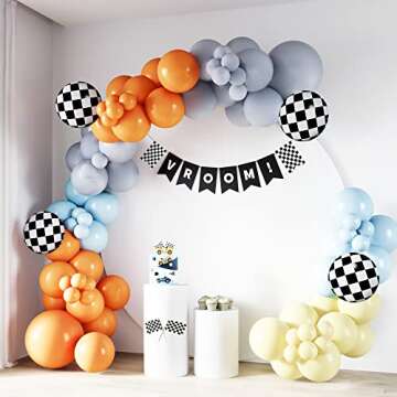 HOUSE OF PARTY Race Car Balloon Garland Kit – Two Fast Birthday Decorations with Blue Orange Yellow Grey & Checkered Balloons, Race Cars Party Supplies