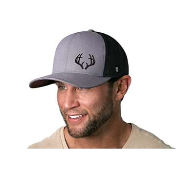 HAKA Buck Antler Embroidered Trucker Hat, Outdoor Hat for Men & Women, Adjustable Baseball Cap, Mesh Snapback, Golf Hat (Grey/Black)