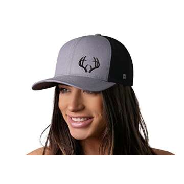 HAKA Buck Antler Embroidered Trucker Hat, Outdoor Hat for Men & Women, Adjustable Baseball Cap, Mesh Snapback, Golf Hat (Grey/Black)