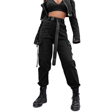 JEAAMKSSER Womens High Waisted Black Cargo Pants with Pockets Baggy Solid Y2k Streetwear Pants # Bla...