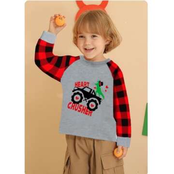 Toddler Valentine's Day Dino Shirt Boy Girl Monster Truck Dinosaur Heart Crusher Buffalo Red Plaid R...