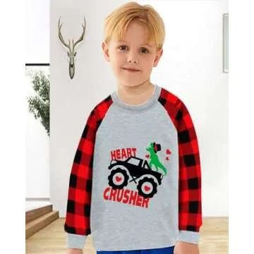 Toddler Valentine's Day Dino Shirt Boy Girl Monster Truck Dinosaur Heart Crusher Buffalo Red Plaid Raglan Sleeve Clothes Kids Tee Tops 2T
