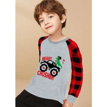 Toddler Valentine's Day Dino Shirt Boy Girl Monster Truck Dinosaur Heart Crusher Buffalo Red Plaid Raglan Sleeve Clothes Kids Tee Tops 2T