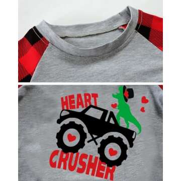 Toddler Valentine's Day Dino Shirt Boy Girl Monster Truck Dinosaur Heart Crusher Buffalo Red Plaid Raglan Sleeve Clothes Kids Tee Tops 2T