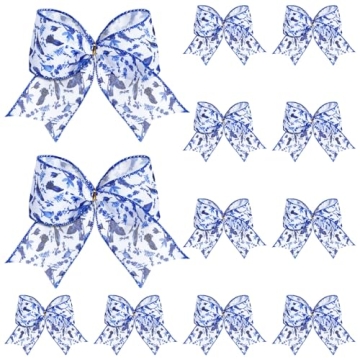 Realspring 12 Pcs Christmas Bows Chinoiserie Ornaments 6.3 Inch Large Blue and White Chinoiserie Dec...
