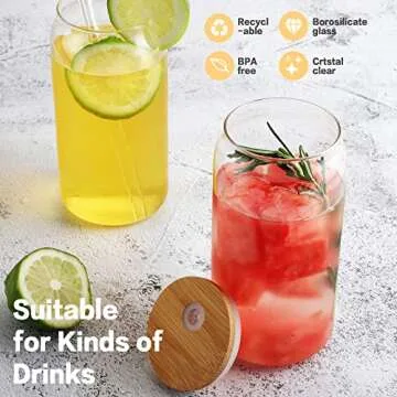 HOMBERKING Glass Cups with Bamboo Lids and Straws 8pcs Set, 20oz Cups, Beer Glasses, Iced Coffee Cups, Cute Tumbler with 2 Cleaning Brushes, Ideal for Cocktail, Whiskey, Tea, Gift