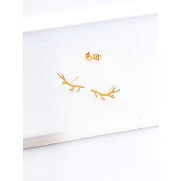 Altitude Boutique Deer Antler Earrings | Tree Branch Crawler Stud Earrings for Women | Outdoor Earring Cuffs Animal Earrings (Gold)