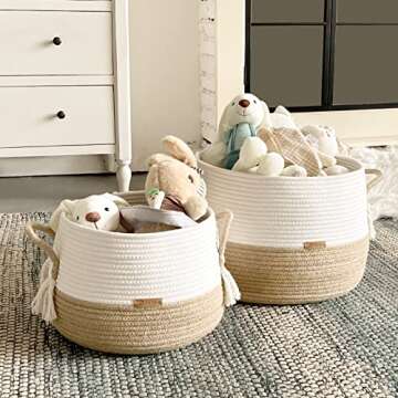 R RUNKA Small Basket for Stuffed Animal,Clothes,Baby Blankets -11.8"x9.8"- Boho Baskets for Living Room,Bedroom,Nursery |Cotton Rope Baskets, Cube Basket, Under Shelf Basket | Baskets for Home Decor