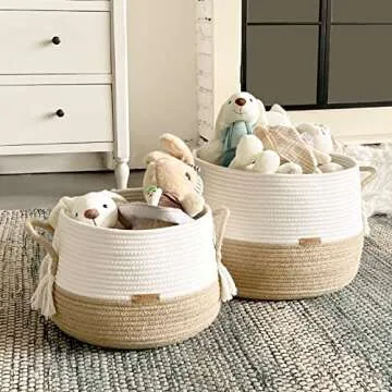 R RUNKA Small Basket for Stuffed Animal,Clothes,Baby Blankets -11.8"x9.8"- Boho Baskets for Living Room,Bedroom,Nursery |Cotton Rope Baskets, Cube Basket, Under Shelf Basket | Baskets for Home Decor