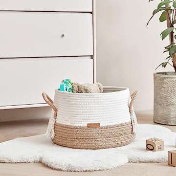 R RUNKA Small Basket for Stuffed Animal,Clothes,Baby Blankets -11.8"x9.8"- Boho Baskets for Living Room,Bedroom,Nursery |Cotton Rope Baskets, Cube Basket, Under Shelf Basket | Baskets for Home Decor