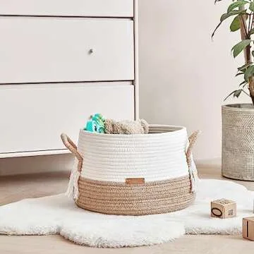 R RUNKA Small Basket for Stuffed Animal,Clothes,Baby Blankets -11.8"x9.8"- Boho Baskets for Living Room,Bedroom,Nursery |Cotton Rope Baskets, Cube Basket, Under Shelf Basket | Baskets for Home Decor