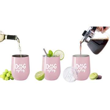 Fancyfams - Dog Mom -12 oz Stainless Steel Stemless Wine Tumbler with Lid and Straw - (Pink)