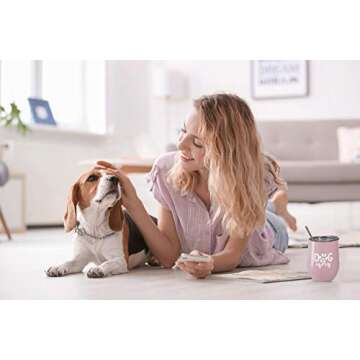 Fancyfams - Dog Mom -12 oz Stainless Steel Stemless Wine Tumbler with Lid and Straw - (Pink)