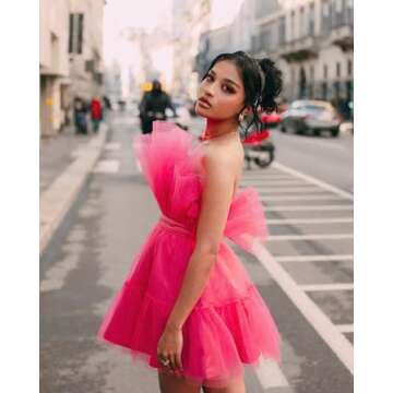 Strapless Prom Dresses Short for Women Flowy Hot Pink Tulle Ruffle Cocktail Dresses with Pockets Lay...