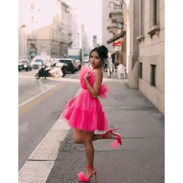 Strapless Prom Dresses Short for Women Flowy Hot Pink Tulle Ruffle Cocktail Dresses with Pockets Layered A-line Formal Evening Dress for Juniors 6