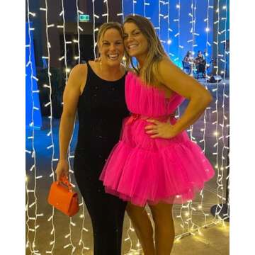 Strapless Prom Dresses Short for Women Flowy Hot Pink Tulle Ruffle Cocktail Dresses with Pockets Layered A-line Formal Evening Dress for Juniors 6