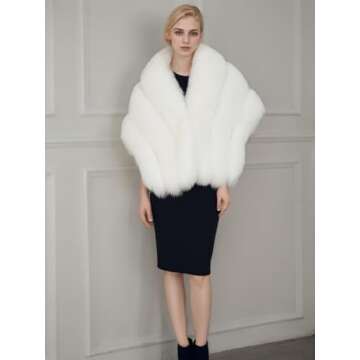 UMREN Women's Luxury Party Faux Fox Fur Long Shawl Cloak Cape for Winter Whiter A