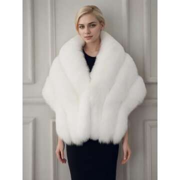 UMREN Women's Luxury Party Faux Fox Fur Long Shawl Cloak Cape for Winter Whiter A