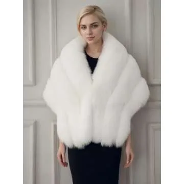 UMREN Women's Luxury Party Faux Fox Fur Long Shawl Cloak Cape for Winter Whiter A