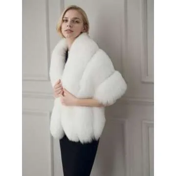 UMREN Women's Luxury Party Faux Fox Fur Long Shawl Cloak Cape for Winter Whiter A