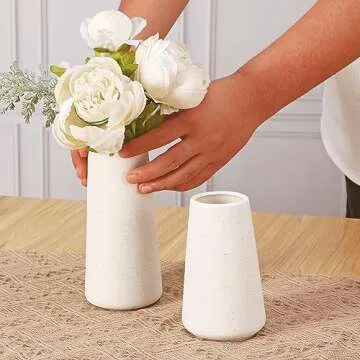 DECORSWITH Vase, Small Ceramic Vase, 11 inch Tall Vases for Flowers Pampas Grass Bud Roses Living Room Entry Table Bathroom Home Decor, Modern Style(Beige Vases)