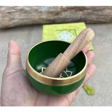 DharmaObjects Tibetan Heart Chakra Premium Palm Size Singing Bowl Gift Box Set