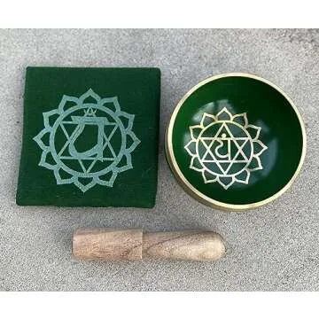 DharmaObjects Tibetan Heart Chakra Premium Palm Size Singing Bowl Gift Box Set