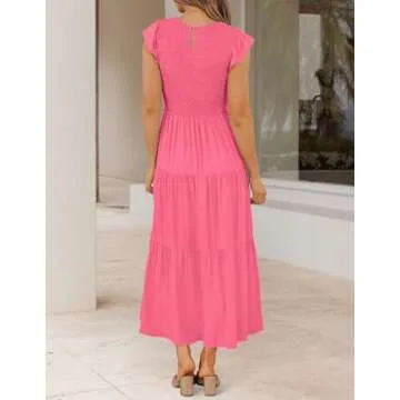 ZESICA Women's 2024 Summer Casual Flutter Short Sleeve Crew Neck Smocked Elastic Waist Tiered Midi Dress,Hot Pink,Medium