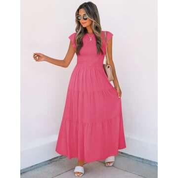 ZESICA Women's 2024 Summer Casual Flutter Short Sleeve Crew Neck Smocked Elastic Waist Tiered Midi Dress,Hot Pink,Medium