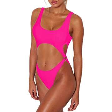 Sovoyontee Women's Rose Red Sexy One Piece Bathing Suit High Cut Cutout Thong Bikini Swimsuit M