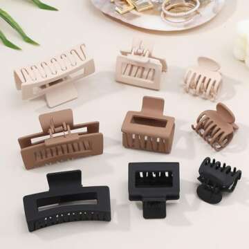 CHANDAT Medium Claw Hair Clips Set for Women - 3 Styles, 9 pcs Rectangle Clips for Thick Hair, Square Clips for Thin Hair - Brown