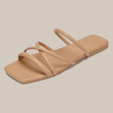 DOBOLIN Women's Sandals Strappy Flat Sandals Dressy Open Squared Toe Slide Sandals Slip-On Comfortable Trendy Summer Shoes Size 7 Wide Width Nude