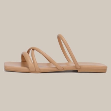 DOBOLIN Women's Sandals Strappy Flat Sandals Dressy Open Squared Toe Slide Sandals Slip-On Comfortable Trendy Summer Shoes Size 7 Wide Width Nude