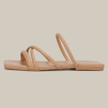 DOBOLIN Women's Sandals Strappy Flat Sandals Dressy Open Squared Toe Slide Sandals Slip-On Comfortable Trendy Summer Shoes Size 7 Wide Width Nude