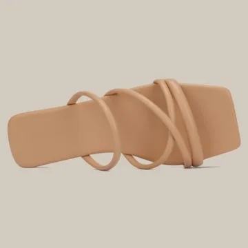 DOBOLIN Women's Sandals Strappy Flat Sandals Dressy Open Squared Toe Slide Sandals Slip-On Comfortable Trendy Summer Shoes Size 7 Wide Width Nude