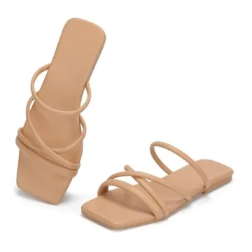 DOBOLIN Women's Sandals Strappy Flat Sandals Dressy Open Squared Toe Slide Sandals Slip-On Comfortable Trendy Summer Shoes Size 7 Wide Width Nude