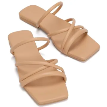 DOBOLIN Women's Sandals Strappy Flat Sandals Dressy Open Squared Toe Slide Sandals Slip-On Comfortable Trendy Summer Shoes Size 7 Wide Width Nude