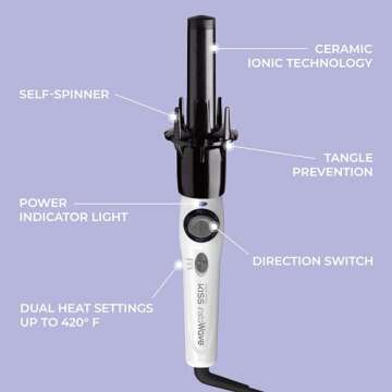 KISS Instawave Deluxe Automatic Rotating Curling Iron, Patented Automotic Spinner, 2-Way Rotation, 1” Ceramic Ionic Wand, Dual Heat Settings, 420° Max Temperature, Black & White
