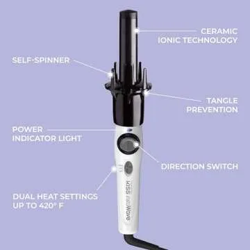 KISS Instawave Deluxe Automatic Rotating Curling Iron, Patented Automotic Spinner, 2-Way Rotation, 1” Ceramic Ionic Wand, Dual Heat Settings, 420° Max Temperature, Black & White
