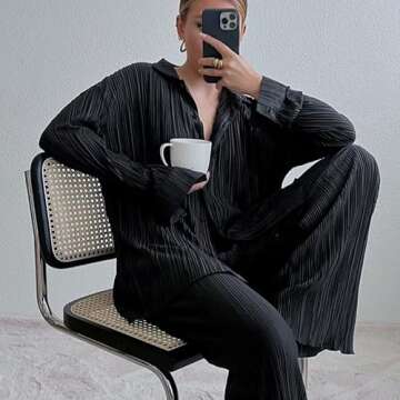 NUFIWI Women Pleated 2 Piece Pants Outfits Casual Loose Button Shirt Blouse Top Long Wide Leg Palazz...