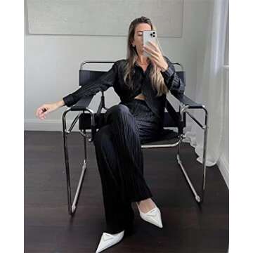 NUFIWI Women Pleated 2 Piece Pants Outfits Casual Loose Button Shirt Blouse Top Long Wide Leg Palazzo Pants Set Jumpsuit(Casual Black,M)