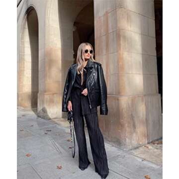 NUFIWI Women Pleated 2 Piece Pants Outfits Casual Loose Button Shirt Blouse Top Long Wide Leg Palazzo Pants Set Jumpsuit(Casual Black,M)