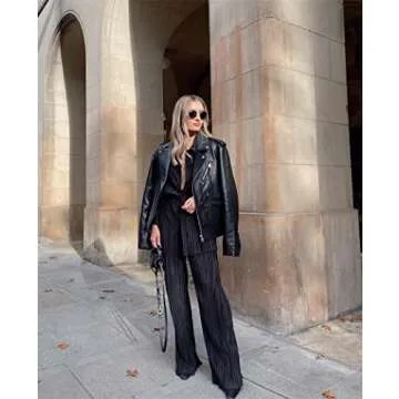 NUFIWI Women Pleated 2 Piece Pants Outfits Casual Loose Button Shirt Blouse Top Long Wide Leg Palazzo Pants Set Jumpsuit(Casual Black,M)