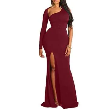 BEAGIMEG Women's Sexy Elegant One Shoulder Backless Evening Long Dress Split WineRed