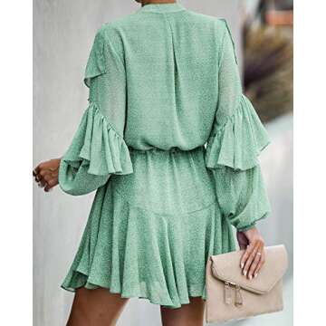 MITILLY Women's Elegant Long Sleeve Dresses V Neck High Waist Ruffle Loose Flowy Party Mini Dress with Belt Small Green
