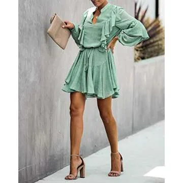 MITILLY Women's Elegant Long Sleeve Dresses V Neck High Waist Ruffle Loose Flowy Party Mini Dress with Belt Small Green