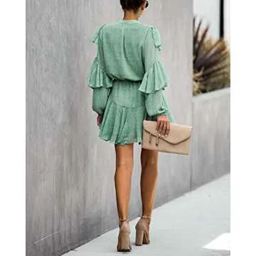 MITILLY Women's Elegant Long Sleeve Dresses V Neck High Waist Ruffle Loose Flowy Party Mini Dress with Belt Small Green